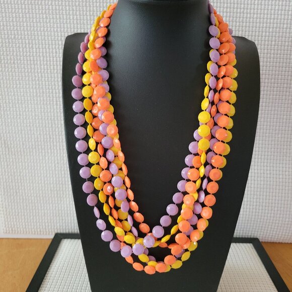 Multiple Strand Layered Orange Purple Yellow Plastic Bead Statement Necklace - Picture 1 of 6